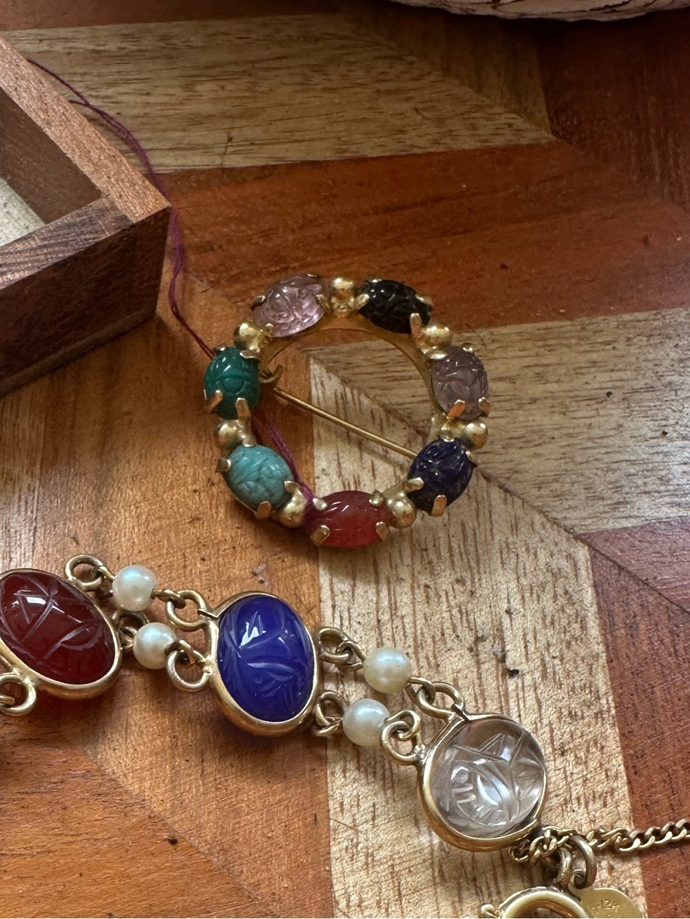 Vintage Scarab Brooch with Semi Precious Gemstones